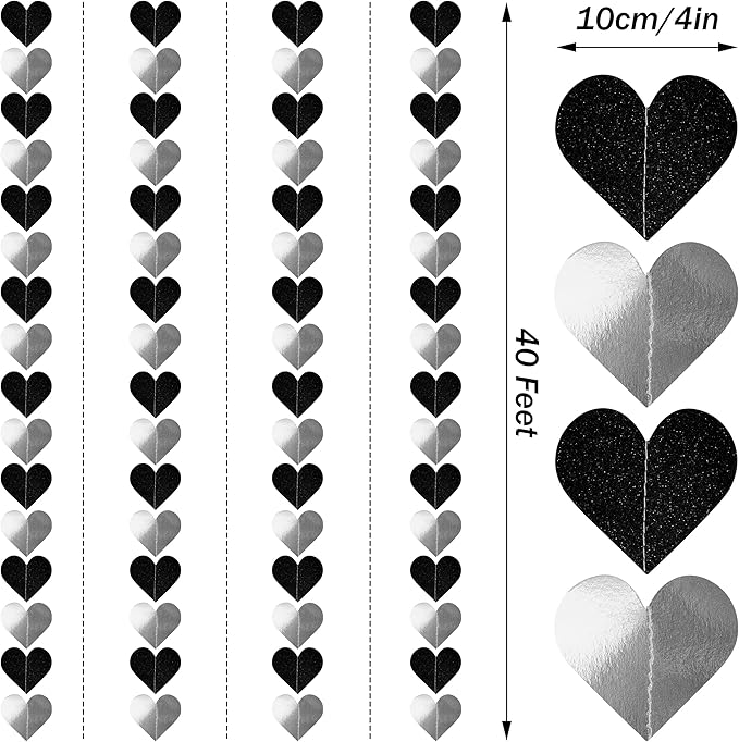 40Ft Black White Silver Heart Valentines Day Garland Hanging Streamer Decor for Bachelorette, Graduation, Black History Month Birthday Party Black Silver Wedding Party Decor