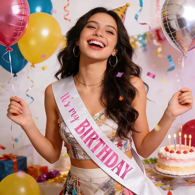 It's My Birthday Sash, Pink Foil Letter Glitter White Birthday Sash for Women Girl Kids Teenager Funny Bday Gifts Party Favors Photo Prop