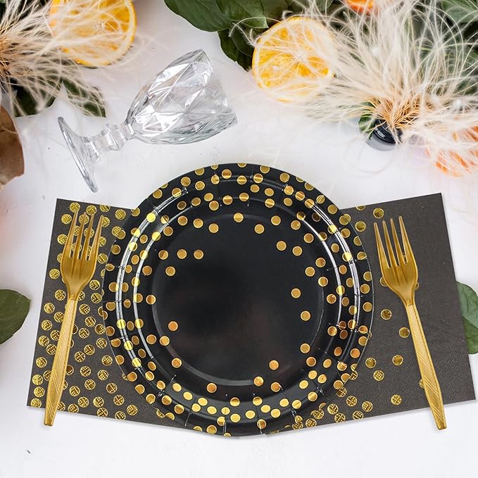 48PCS Black and Gold Plates and Napkins Party Supplies, Gold Dot Disposable Paper Plates and Napkins with Forks Tableware Set for Birthday Wedding Retirement Graduation Party Decorations 16 Guests