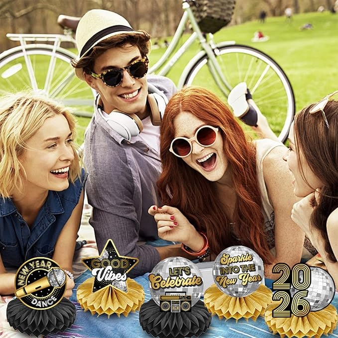 Happy New Years Decorations 2026 Honeycomb Table Centerpieces, 9 Pack Black Silver and Gold Themed Table Toppers for New Year Eve Party Decor Supplies Home Dinning Room Event Party Favors