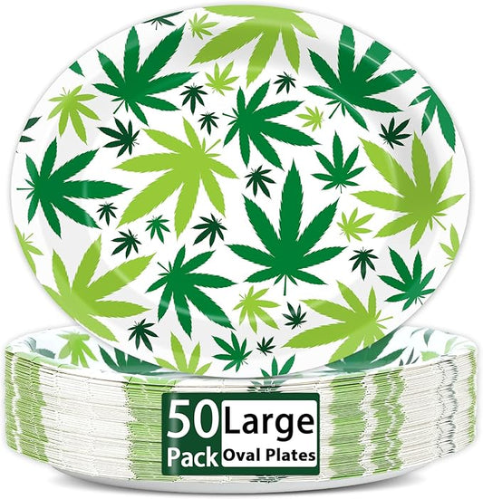 50 PCS White Weed Themed Party Supplies 11Inch Large Weed Oval Paper Plates Disposable Green Pot Leaves Birthday Party Platters Decorations Heavy Duty Dish Tray for Adult Gathering Picnic Celebration
