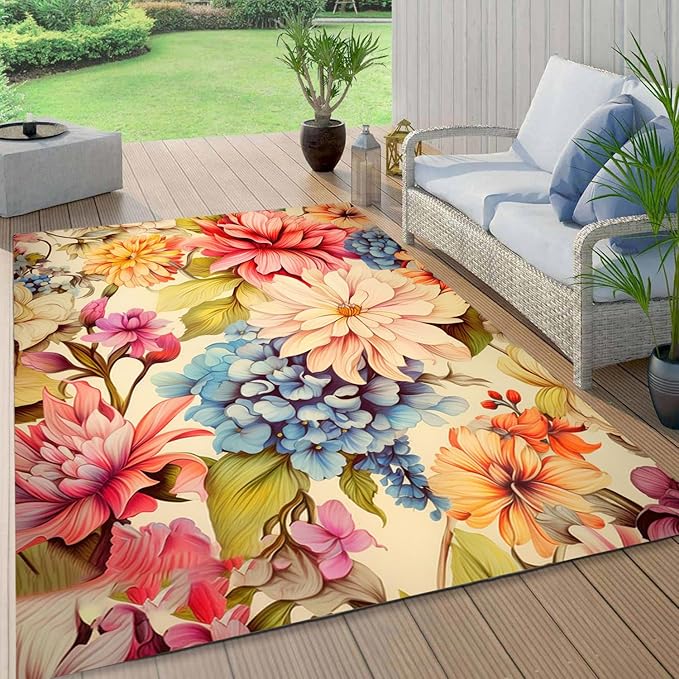 Easy Clean Floral Outdoor Rug 7x12 Yellow Pink Machine Washable Area Rugs for Patio Balcony Camping Pool Garden Non Slip Waterproof Outside Carpet Vibrant Low Pile Porch Mat
