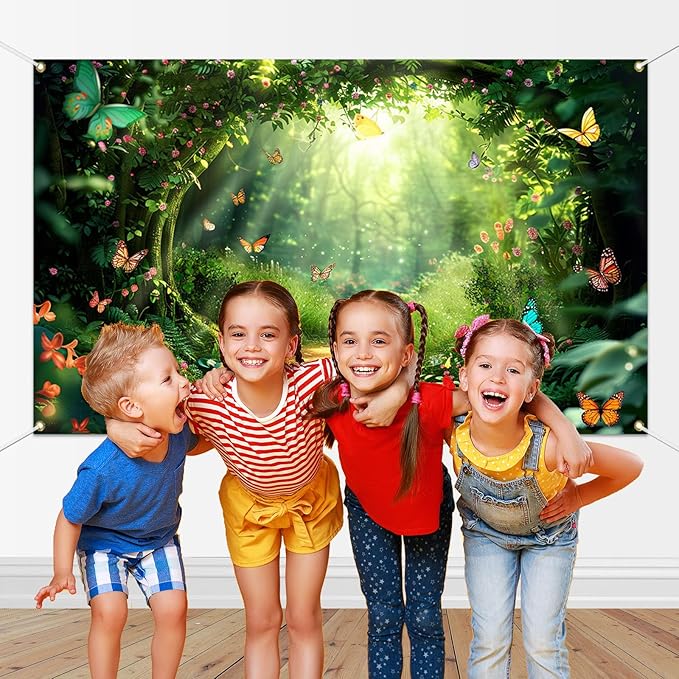 Mocsicka Enchanted Forest Backdrop Fairy Magic Wonderland Birthday Party Decorations for Girls Butterfly Garden Photography Background (Green, 70.8x43.3 inch)