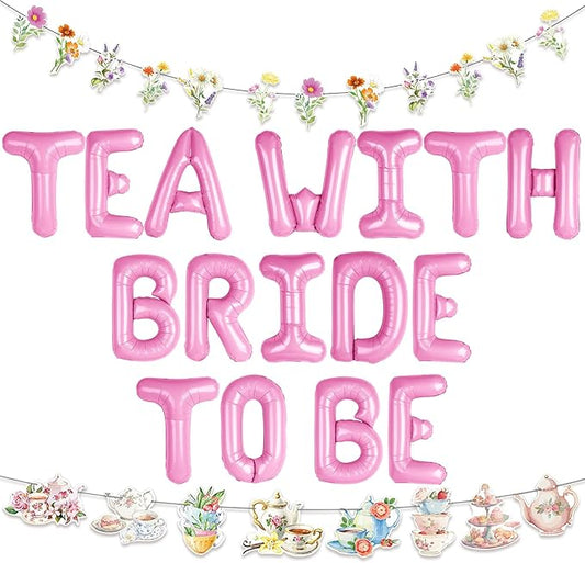 LaVenty Tea With Bride To Be Balloons Let's Par Tea Decorations Balloon Garland Arch Banner Floral Butterfly Teapot Banner for Bridal Shower Bachelorette Wedding Party