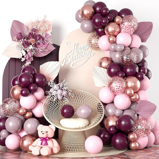 Burgundy Pink Balloon Garland Arch Kit, Burgundy Ruby Red Dusty Purple Pastel Pink Metallic Rose Gold Confetti Balloon Arch Kit for Women Girls Birthday Wedding Baby Bridal Shower Party Decorations