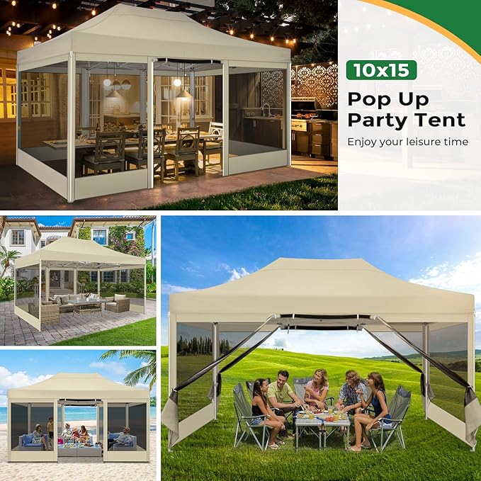 COBIZI 10x15 Heavy Duty Pop Up Canopy Tent with 4 Sidewalls, Commercial Gazebo Party Tent with Mosquito Netting Wall Easy Set Up Outdoor Instant Screen Gazebo for Backyard, Patio, Garden, Khaki