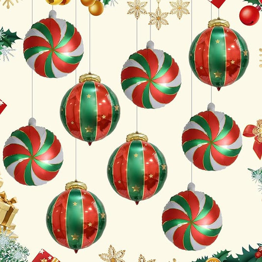 9PCS Christmas Foil Balloons Red Green Christmas Hanging Balloons and Xmas Round Candy Lollipop Balloons Adorable Foil Xmas Party Balloons for New Year Party Supplies