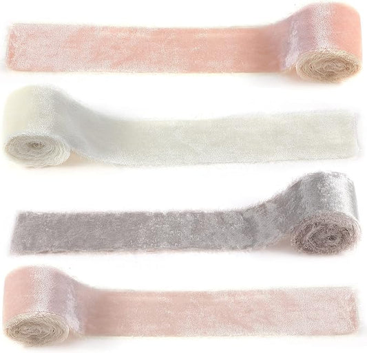 Canlierr 4 Roll Valentine's Day Silk Velvet Ribbon for Gift Wrapping Fringe Fabric Frayed Velvet Ribbon Raw Edge for Valentine Day Party Wedding Decor Bouquet Basket Hair(Light Color,2 in X 8 yd)