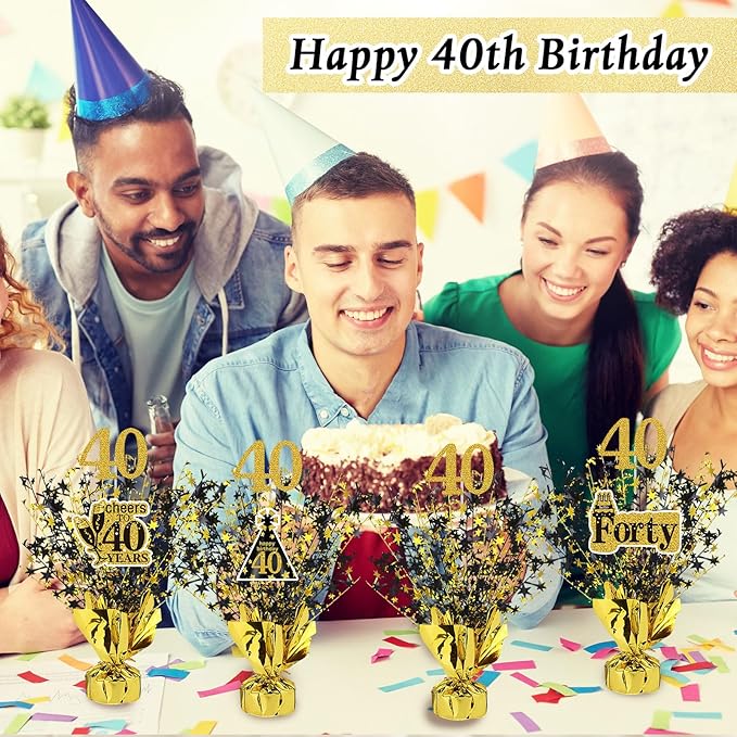 Tatuo 4 Pcs Metallic Foil Spray Centerpiece Happy 30th 40th 50th 60th Years Centerpiece Table Decorations for Black and Gold Birthday Anniversary Wedding Party Table Decor(40th Birthday)