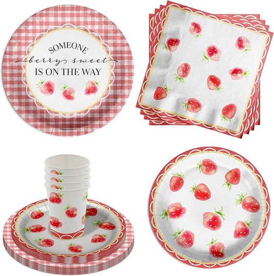 Someone Berry Sweet is on the Way Baby Shower Party Supplies - 64 Piece Strawberry Baby Shower Tableware Set Includes Large 9" Dinner Plates and 8" Dessert Paper Plates Napkins Cups - Kit for 16