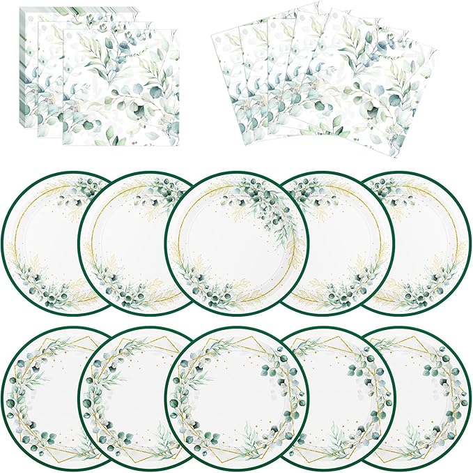 40 Pcs Sage Green Plates and Napkins - Sage Green Party Decorations Tableware Set, Disposable Round Paper Plates Eucalyptus Napkins for Birthday Bridal Wedding Baby Shower Party Supplies, Serves 20