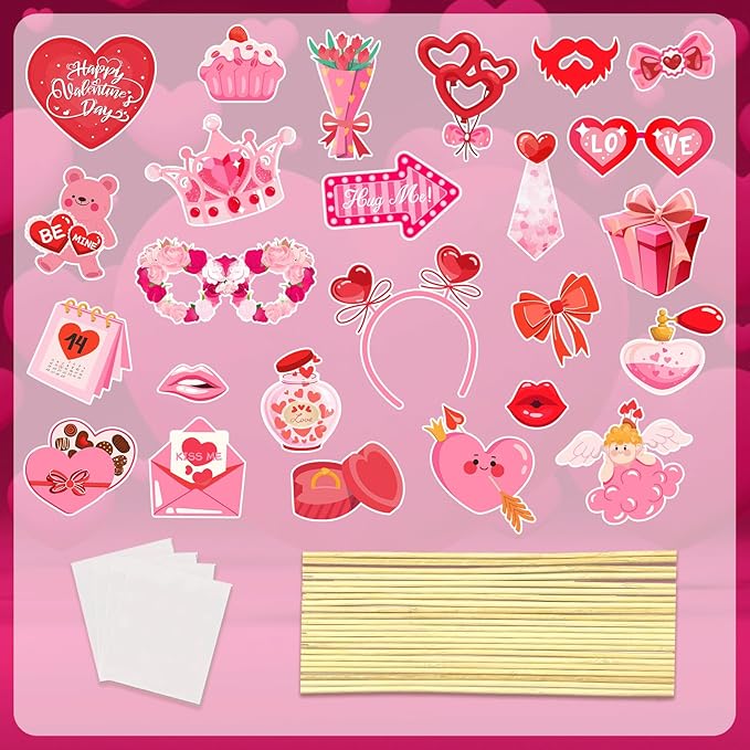 Happy Valentine's Day Photo Booth Props Kit, 24 PCS Selfie Photo Booth Accessories with “Happy Valentine’s Day” Signs, Cute Heart Themed Party Decorations for Valentine’s Party Favors