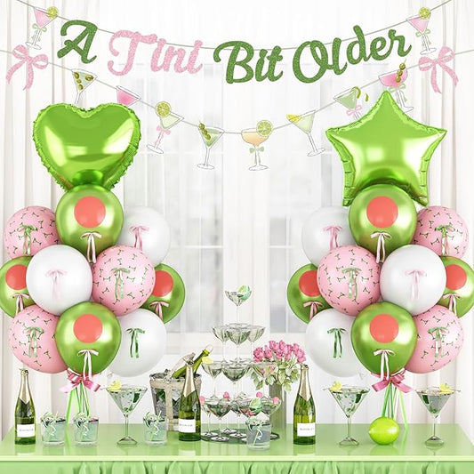 A Tini Bit Older Birthday Decorations Glitter Pink Green Balloon Set Star Heart Foil Balloons Martini Glasses Bunting Banner Garland Cocktail Night Party Bar for Girls Women Bachelorette Bridal Shower