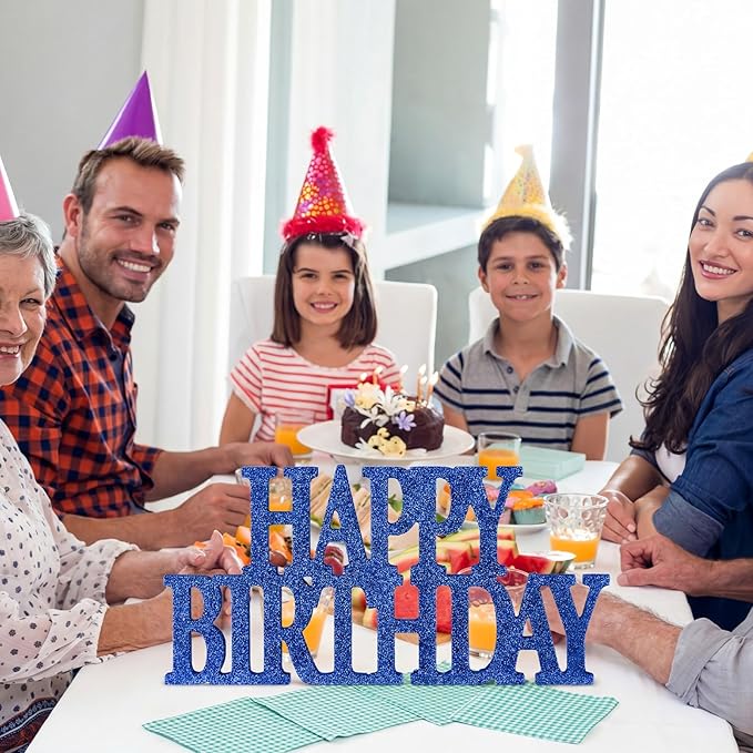 Novabright Happy Birthday Sign Centerpieces for Table Birthday Party Decorations for Women Bday Birthdays Themed Celebration Party Supplies(Blue,Glitter)