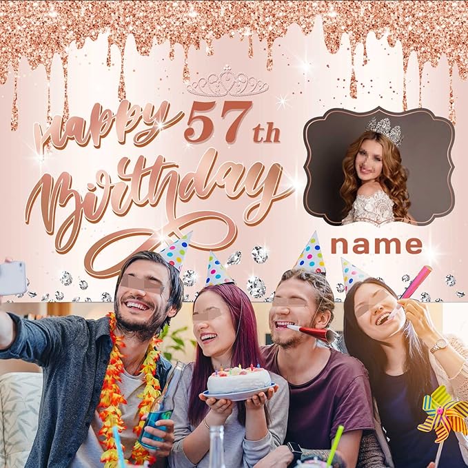 Customizable Rose Gold Happy 57th Birthday Decoration Banner - Personalized with Name and Photo