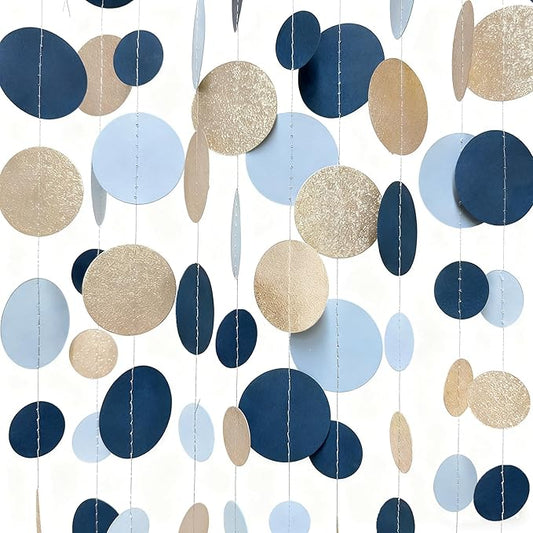 Navy Blue Champagne Gold Polka Dots Garland Hanging Paper Circle Dot Streamer for Birthday Baby Shower Wedding Graduation Engagement Bridal Shower Bachelorette Retirement Party Decorations Supplies