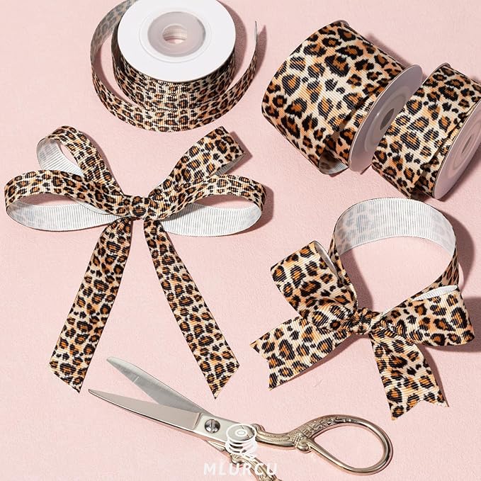 Leopard Print Ribbon Set 3 Rolls Animal Print Grosgrain Ribbons in 5/8", 7/8", 1.5", Stylish Jungle Safari Patterned Ribbon for Gift Wrapping, DIY Crafts, Hair Bows, Party Decor