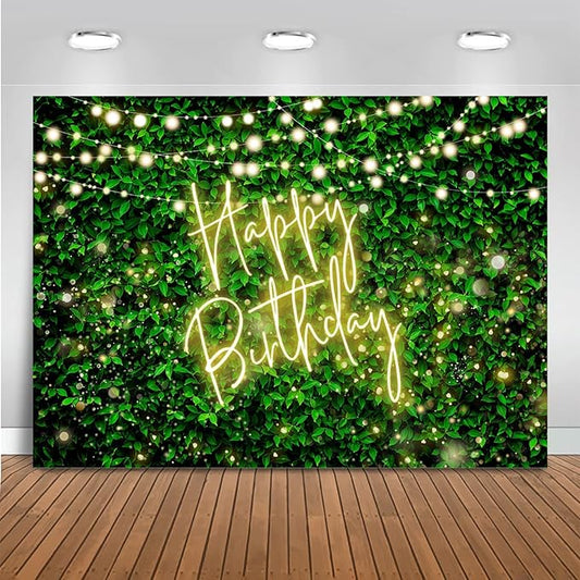 Mocsicka Green Leaves Happy Birthday Backdrop Jungle Safari Party Backdrops Birthday Decorations Nature Green Rustic Lawn Leaves Photography Background Photo Studio Props (Yellow, 8x6ft(96x72 inch))
