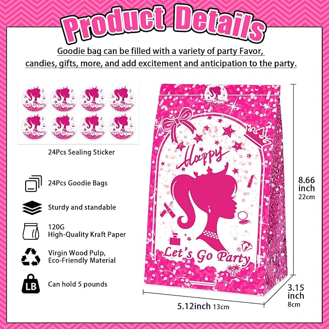 We1stdsee 24 Pack Pink Girl-Themed Party Goodie Bags with Sealing Stickers, Candy Treat Party Favor Bags for Kids Girls Birthday Party Decorations Supplies