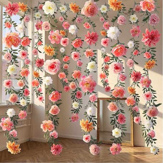 Suncalla 2 Pcs 6.6 ft Artificial Flower Garland Spring Wildflower Vines Backdrop Floral Hanging Ceiling Garland for Tea Birthday Wedding Bridal Shower Baby Shower Backdrop Wall Decor (Lively Color)