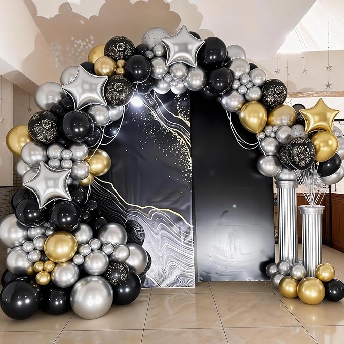 Black and Gold Balloons, Black Silver Gold Balloons, Silver Star Fireworks Printed Balloon With Star Foil Balloon For New Year Retirement Graduation Birthday Baby Shower Party Wedding Celebration