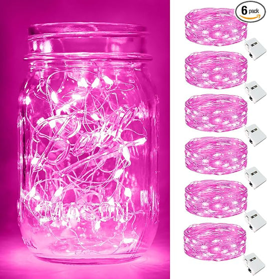 btfarm Valentine's Day 6 Pack Pink Fairy Lights Battery Operated 3 Modes, 7ft 20 Led Twinkle String Lights Waterproof, Bulk Small Mini Light for Mason Jars Christmas Vases Wedding Table Decorations