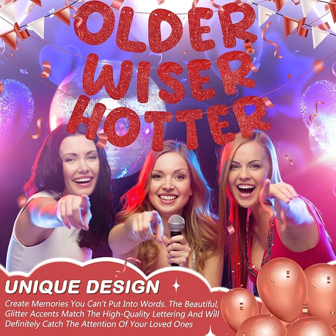 Fulmoon Set of 3 Pre Strung Older Wiser Hotter Glitter Banner Funny Birthday Banner for Women 30th 40th 50th 60th 70th 80th Birthday Party Decorations Sign Gift(Red)