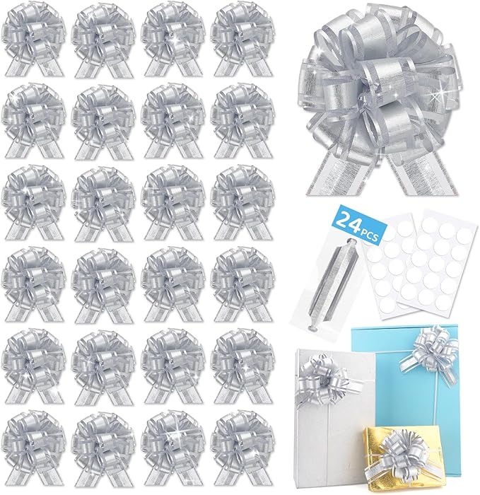 24pcs Silver Pull Bow for Gift Basket Wrapping Xmas Gift Bows Presents Adhesive Wrap Ribbon Bow for Christmas Tree Bottles Bouquet Flower Valentine's Day Party Decor (Silver-G)