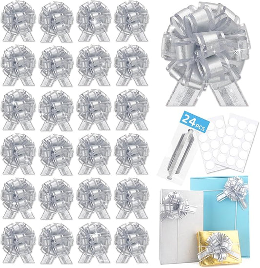 24pcs Silver Pull Bow for Gift Basket Wrapping Xmas Gift Bows Presents Adhesive Wrap Ribbon Bow for Christmas Tree Bottles Bouquet Flower Valentine's Day Party Decor (Silver-G)