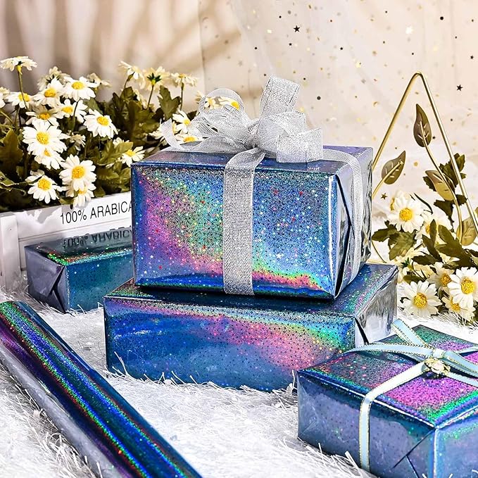 Burymento Blue Wrapping Paper Roll, Metallic Holographic Star Gift Wrap for Birthday, Valentines, Mothers day, Graduation, Wedding, Fathers day, Baby Shower, Christmas (17 IN x 32.8 FT)