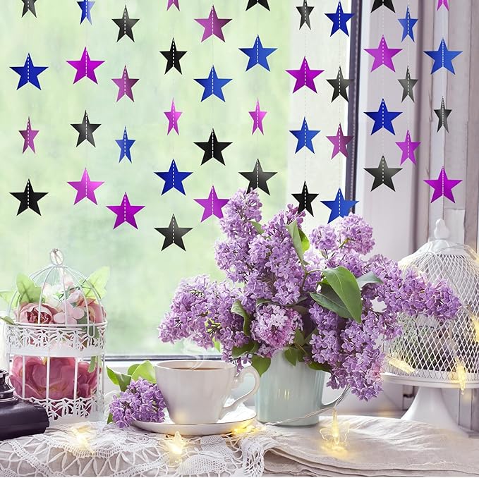 Patelai Glitter Star Garland Banner 2026 Graduation Decor 130 Feet Star Hanging Banner Twinkle Backdrop for Party Birthday Classroom Wedding Supplies(Blue,Black,Purple)