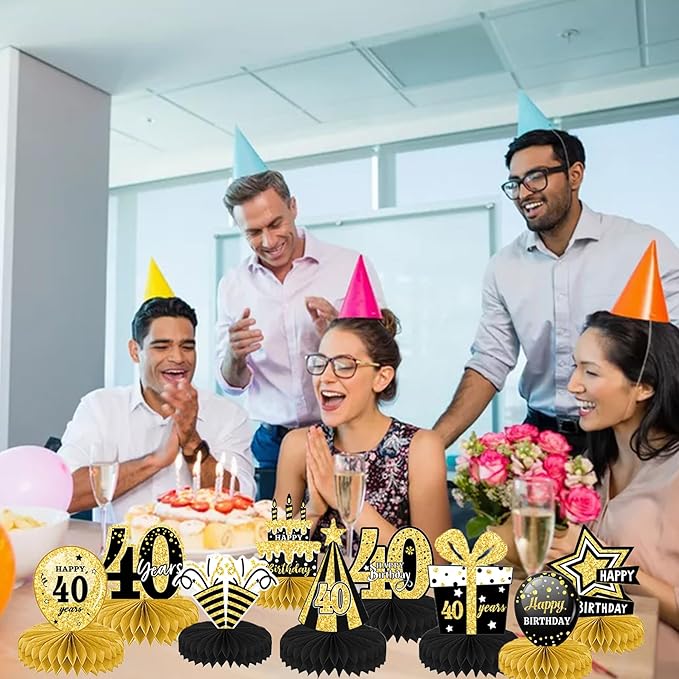 9Pcs Black Gold 18th 21th 30th 40th Honeycomb Decorations - Happy Birthday Decorations, Birthday Table Centre Decorations, Party Table Decorations, Table Decorations Centrepiece (40)