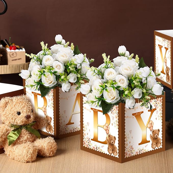 Bucherry 6 Pcs Baby Shower Centerpieces with Letters, 7" Baby Blocks Flower Boxes for Table Decorations, Gender Reveal Party Supplies & Photo Props(Brown,Brown Bear)