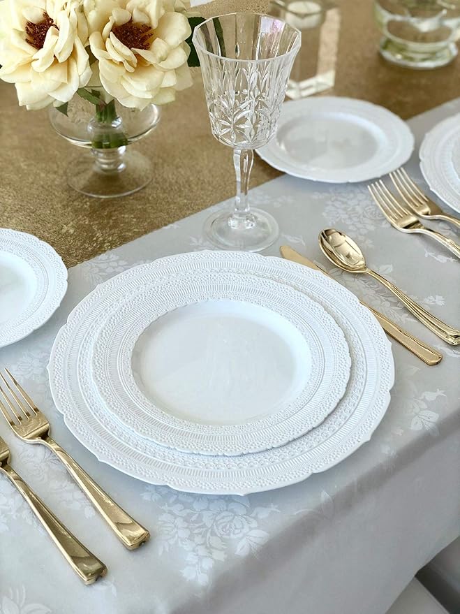 OCCASIONS 50 Disposable Plastic Plates for 25 Guests - Heavy Duty Wedding Party Plate Set, 25 x 11" Dinner + 25 x 8.25" Dessert, Looks Like Real China, Elegant Fancy Reusable, BPA Free (Chateau White)