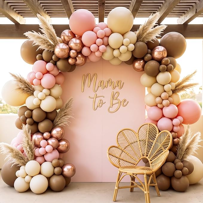 RUBFAC 135pcs Brown Balloons Different Sizes Pack of 18 12 10 5 Inch, Latex Boho Neutral Coffee Tan Balloon Garland Arch Kit for Baby Shower Jungle Safari Fall Birthday Bear Themed Party Decorations