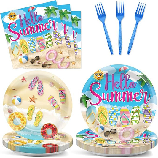 CHUNNIN 96Pcs Hello Summer Plates and Napkins Beach Party Decorations Hawaiian Tropical Disposable Paper Dessert Plates Tableware Set for 24 Guests Kids Summery Ocean Pool Birthday Party Supplies