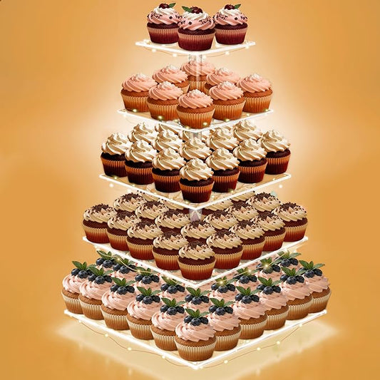 Cupcake Stand with Lights, 5 Tier Cupcake Holder, Light Up Cupcake Stand for 50 Cupcakes, Dessert Table Display Set for Weddings, Christmas, Birthday Parties (Yellow Light)