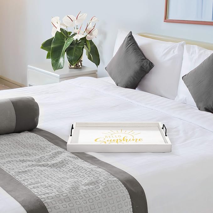 Elegant Designs HG2000-WHS Yellow Sun Decorative Wood Serving Tray w/Handles,15.50" x 12", White Wash Hello Sunshine