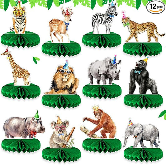 Safari Birthday Decorations 12-Pack | Animal Birthday Party Decorations Set with Honeycomb Centerpieces | Jungle Theme Party Supplies for Kids, Baby Shower, Wild One Celebration