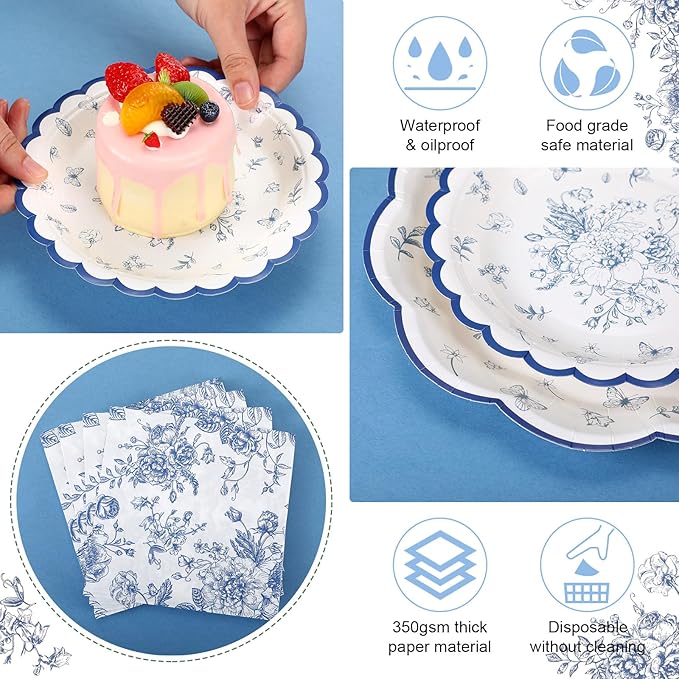 144 Pcs 48 Guests Blue Floral Party Plates and Napkins White and Blue Toile Paper Plates Napkins Chinoiserie Disposable Tableware for Baby Bridal Shower Wedding Birthday Tea Party Supplies