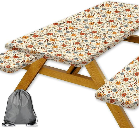JAWO Boho Floral Picnic Table Covers with Bench Covers, Fall Autumn Flowers Tablecloth, Outdoor Table Cover Set, Patio Camping Picnic Table Protector, 60x30 Inch