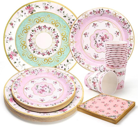 96 PCS Floral Paper Plates, Pink and Green Vintage Floral Paper Plates and Napkins Party Supplies for Birthday Bridal Shower Picnic Tea Time, Serve for 24 Guests