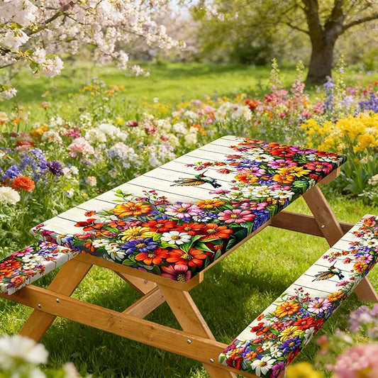Floral Picnic Table Cover with Bench Covers, Camping Bird Flower Wooden Spring Essentials Waterproof Windproof Camping Tablecloth with Drawstring Bag, Fitted Rectangle Tables and Seats, 72in