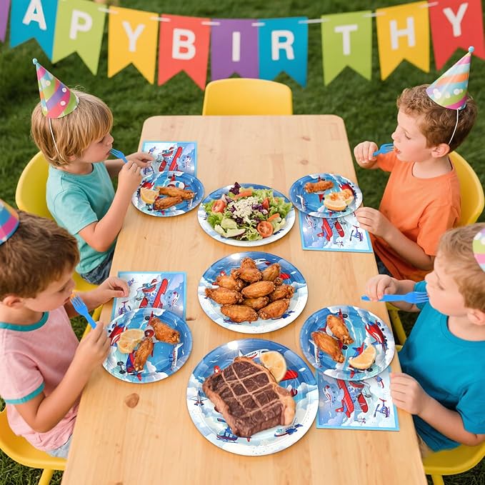 Airplane Party Supplies - Camping Party Tableware - Dinner Plates, Dessert Plates, Napkins, Forks for Plane Theme Party, Baby Shower Supplies, Serves 25