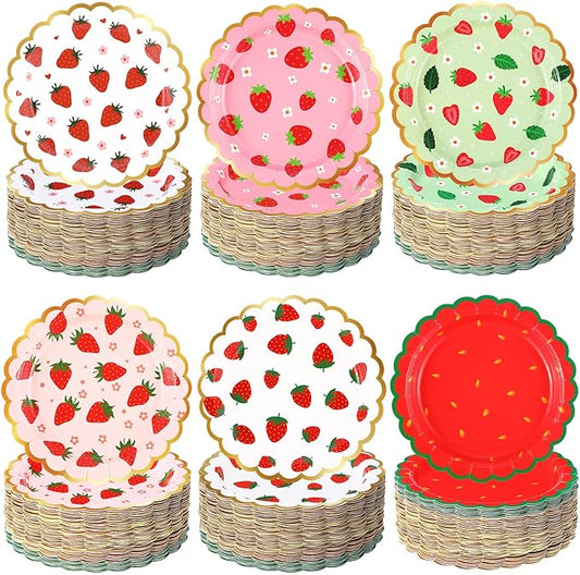 Funnymoom 60 Pcs Strawberry Party Plates Berry First Birthday Disposable Flower Shaped Paper Plates 7 Inch Summer Fruit Dessert Dishes for Birthday Wedding Baby Shower Bachelorette Party Supplies