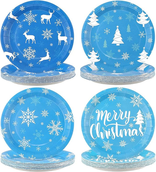 Sunnyray 100 Pack Christmas Paper Plates Christmas Party Plates 9 Inch, Blue Snowflake Disposable Dinner Tableware for Xmas Holiday Winter Party Supplies
