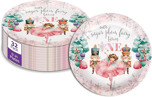 Sugar Plum Fairy Turns One First Birthday - 32 Piece Disposable Party Supplies - Decorations for Christmas Nutcracker 1st Birthday Round Party Plates - Large 9" Paper Plates In Bulk