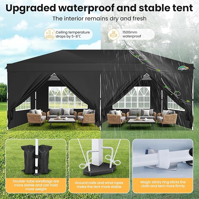 COBIZI 10x20 Pop Up Canopy Tent, One Push Easy Up Gazebo with 6 Removable Sidewalls & Air Vent, Waterproof UV50+ Commercial Canopy with 4 Sandbags, Stakes & Ropes for Parties/Wedding/Backyard, Black