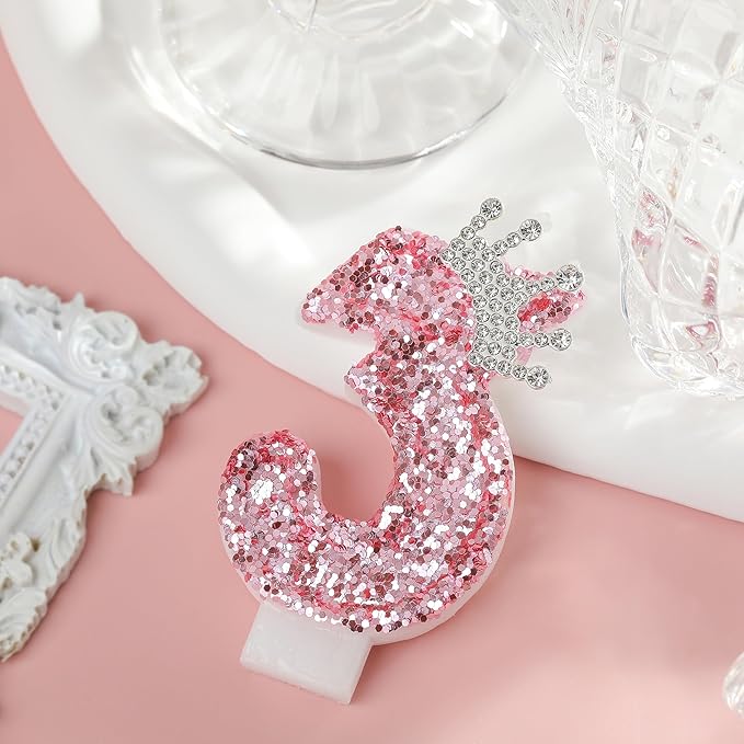 PHD CAKE Birthday Number Candles,Pink Crown Birthday Candles for Cake,Glitter Number 3 Candle Cake Topper with Sequins for Girls,Women, Anniversary Celebrations Supplies