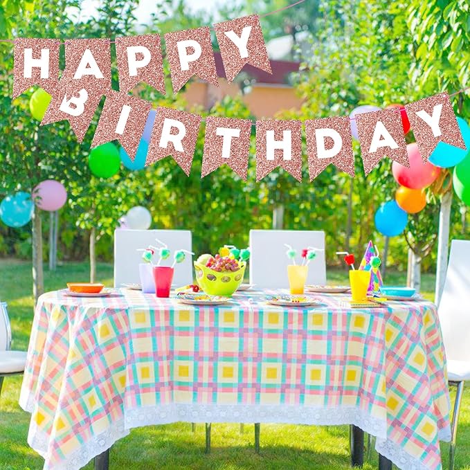Hooqict Rose Gold Happy Birthday Banner Sign for Backdrop Rose Gold Birthday Decorations for Women Girls Wall Door Party Banner Garland Bunting Flag